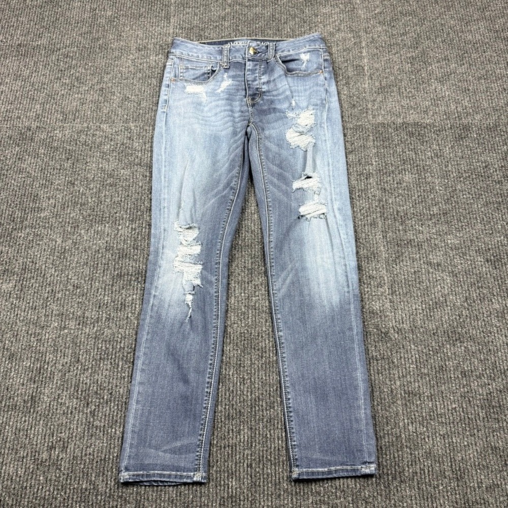 American Eagle Tomgirl Distressed Jeans Medium Wash Button Fly Size 0 Regular